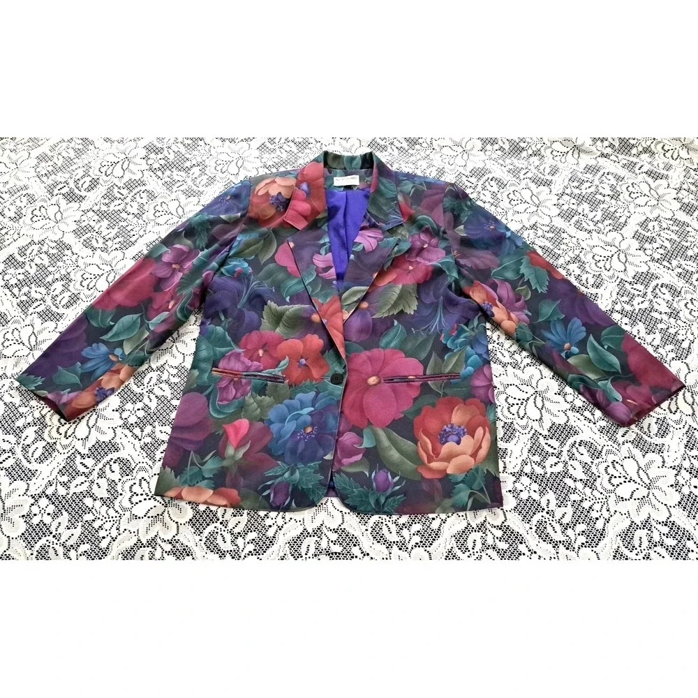 Alfred Dunner‎ Blazer 14 Purple Floral USA Made One Button Lined Pockets Career